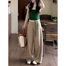 批发【休闲派对】韩系小众百搭拼接撞色假两件收腰显瘦<b class='q'>针织</b>上衣休闲裤