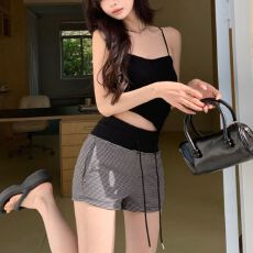 批发美式撞色宽腰拼接条纹<b class='q'>运动</b><b class='q'>短裤</b><b class='q'>女</b>夏季高腰弹力紧身居家休闲热裤潮