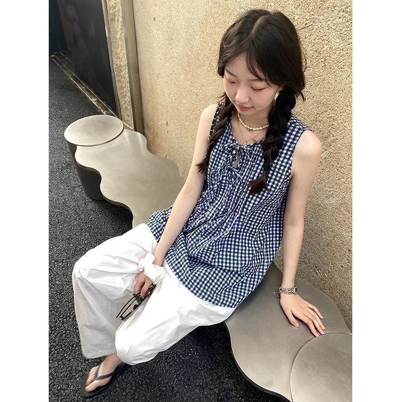 일곱 일곱 깃털 일본식 블루 화이트 체크무늬 민소매 셔츠 외출용 조끼 루즈핏 허리 수축 한 마디 인형 셔츠 맨위 여성 여름