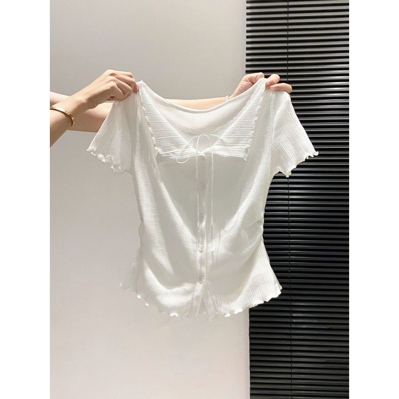 순수한 욕망 바람 레이스 레이스 레이스업 반팔 티셔츠 여성 여름 새로운 페이크 레이어드 몸매 가꾸기 슬림해 보이는 다용도 맨위