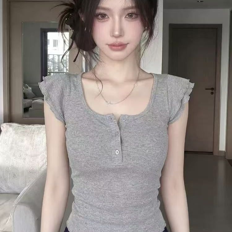 한 부서 u 칼라 작은 날다 소매 반팔 티셔츠 여성 여름 새로운 Chic 디자인 센스 허리 수축 몸매 가꾸기 쇼트 스타일 그레이트 봐. 의류