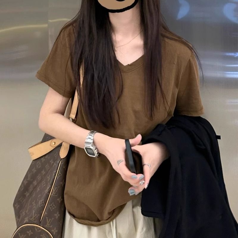 V넥 단색 티셔츠 여성용 짧은 소매 만나는 캐주얼 루즈핏
