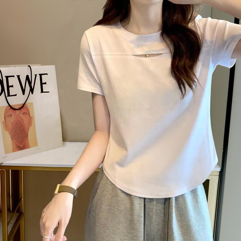 홀로우 아웃 반팔 티셔츠 여성 여름 핫걸 디자인 센스 몸매 가꾸기 맨위