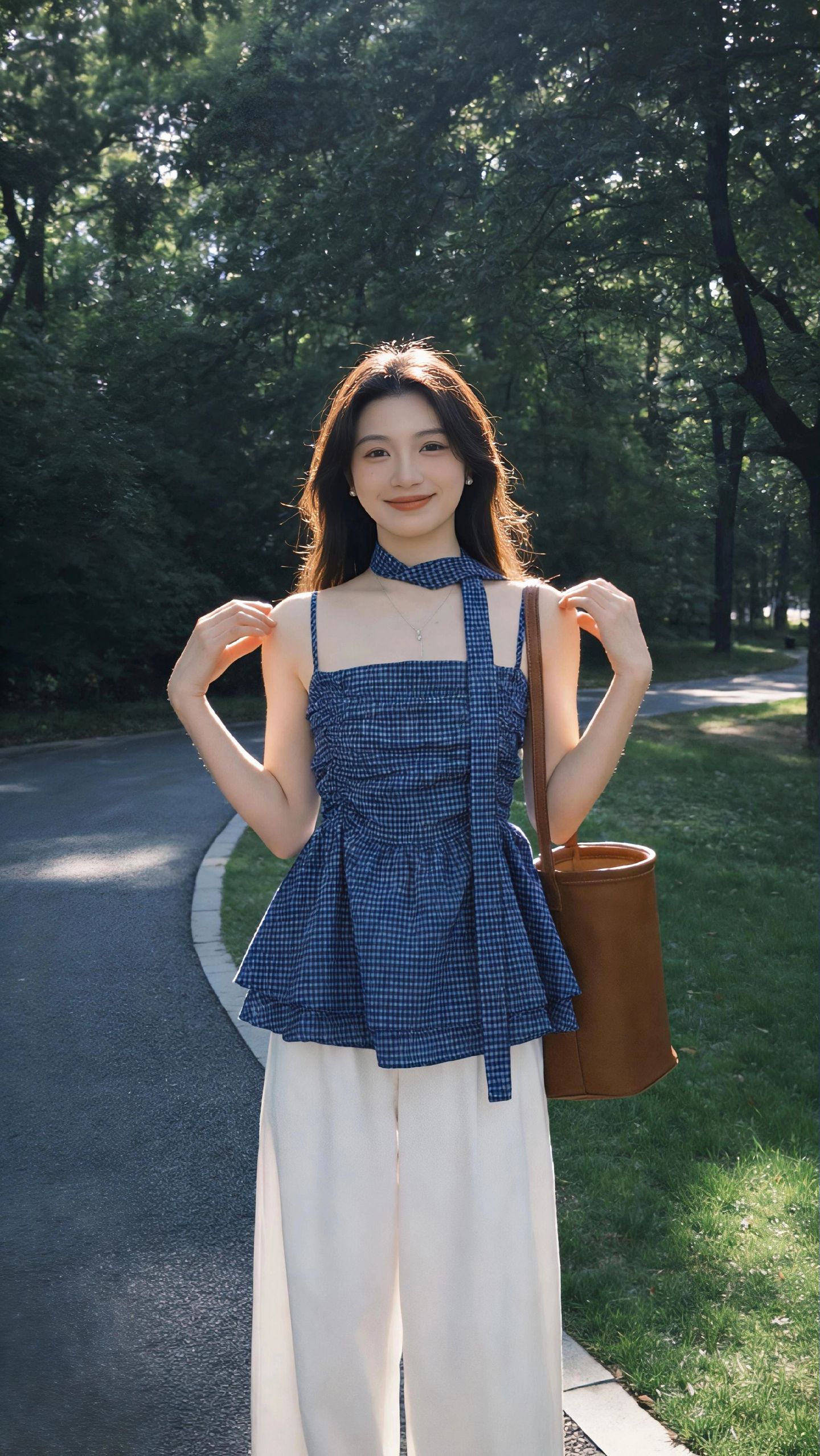 파란색 체크무늬 레이스 치마 진자 리본 행침 목 캐미솔 여름 주름 맨위