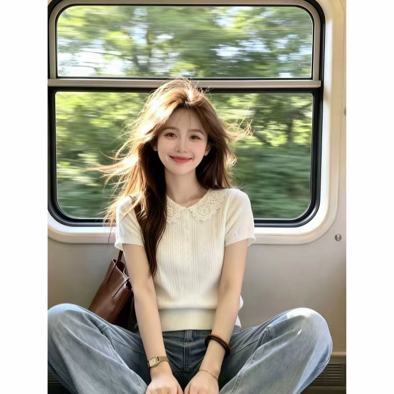 보존 섹션 추천 부드러운 바람 레이스 베이비 칼라 홀로우 아웃 니트 스웨터 여성 여름 새로운 아름다운 연령 감소 맨위