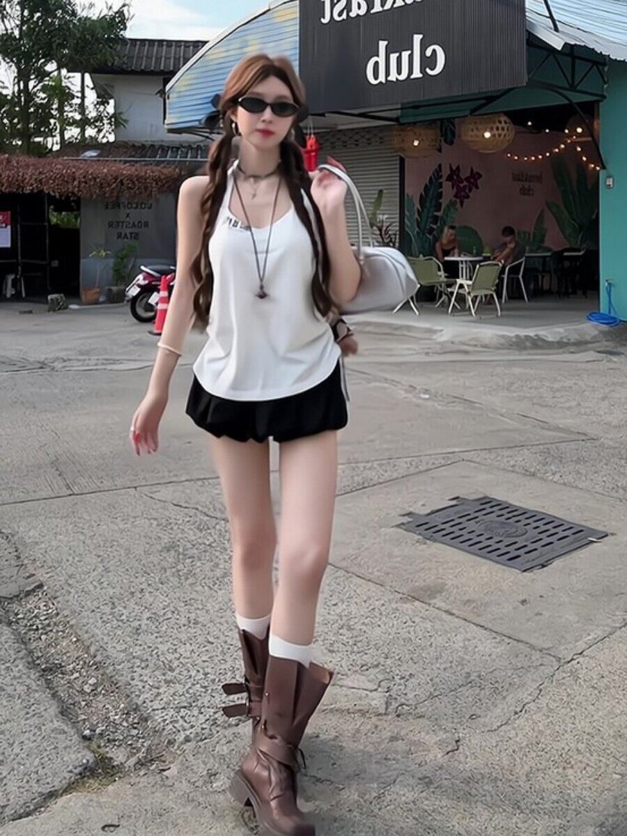 눈꽃 면 한 부서 캐주얼 운동 바람 화이트 행침 목 캐미솔 여름
