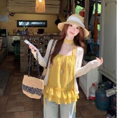 批发甜美洋气<b class='q'>时尚</b>套装挂脖飘带波点吊带背心女+夏季白色长袖防晒开衫