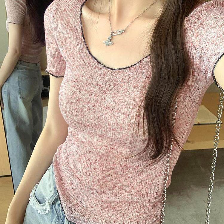 배색 얇은 스타일 긍정적 인 어깨 u 칼라 반팔 티셔츠 여름 순수한 욕망 몸매 가꾸기 풀오버 기본 셔츠 맨위