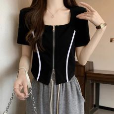 批发撞色拉链短袖t恤女夏季胖mm显瘦<b class='q'>修身</b>设计感正肩方领短款上衣