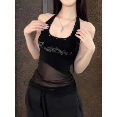 辣妹y2k亚比挂脖背心女修身小众吊带网纱上衣