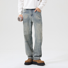 春秋季男士牛仔时尚潮牌休闲无弹怀旧宽松直筒青年牛仔裤男