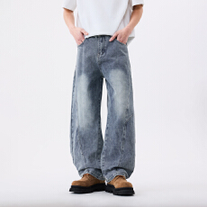 批发​新款春夏季男士牛仔时尚潮牌休闲怀旧无弹宽松弯刀青年牛仔裤男