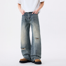 批发春夏季男士牛仔时尚潮牌休闲微弹怀旧宽松直筒青年牛仔裤男