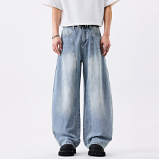 批发春夏季男士牛仔时尚潮牌休闲无弹怀旧宽松弯刀裤青年牛仔裤男