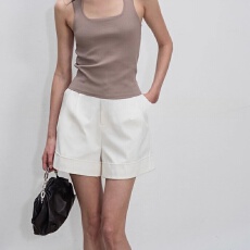 批发唯品会品质~亚麻<b class='q'>短裤</b>女卷边休闲极简风裤子