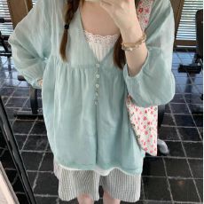 批发唯品会品质~棉麻贝壳扣微透开衫<b class='q'>灯笼袖</b><b class='q'>衬衫</b>女