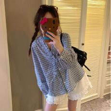 批发唯品会品质 v领木耳花边甜美休闲<b class='q'>格子衬衫</b>