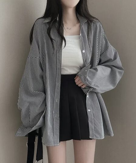 가을 의상 한국 chic 빅 사이즈 핀 스트라이프 면 린넨 캐주얼 여성 셔츠 다용도 제비꼬리 셔츠