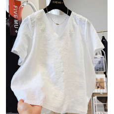 批发夏装新款大码女装重工刺绣V领<b class='q'>棉麻</b>短袖小衫超好看法式<b class='q'>上衣</b>衬衫