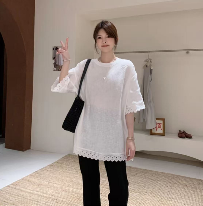 여름 드레스 새로운 빅 사이즈 여성 의류 품격 레이스 레이스 라운드 넥 반팔 티셔츠 루즈핏 맨위 m 4xl 200 kg