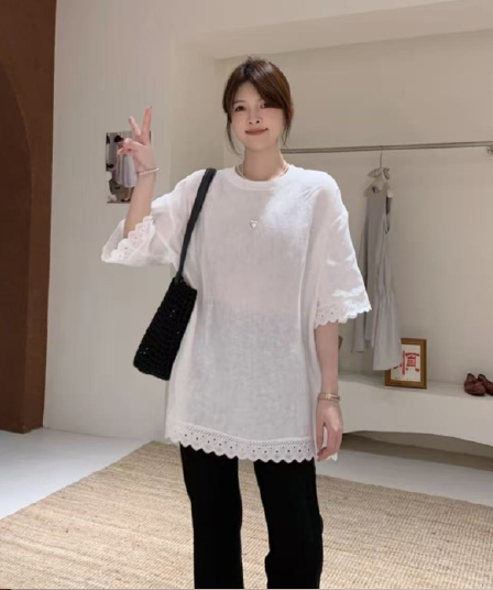 여름 드레스 새로운 빅 사이즈 여성 의류 품격 레이스 레이스 라운드 넥 반팔 티셔츠 루즈핏 맨위 m 4xl 200 kg