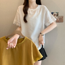 批发实拍夏装新款大码女装棉麻上衣高端亚麻短袖宽松圆领<b class='q'>衬衫</b>洋气小衫