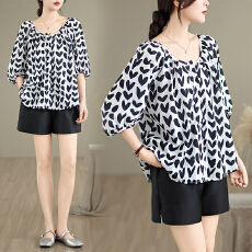 批发实拍夏装新款大码女装通勤宽松v领领灯笼袖爱心衬衫M-4XL200斤