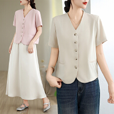 批发实拍夏装新款大码女装韩版chic显瘦V领单排扣西服上衣M-4XL200斤