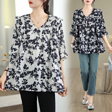 批发实拍夏装新款大码女装中长款花边蓬蓬碎花衬衫娃娃衫M-4XL200斤