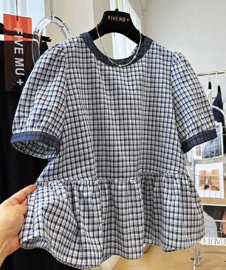 일본과 한국 대외 무역 한 부서 빛 럭셔리 연령 감소 라운드 넥 반팔 인형 셔츠 레트로 격자 무늬 셔츠 슈퍼 잘 생긴 치마 작은 셔츠