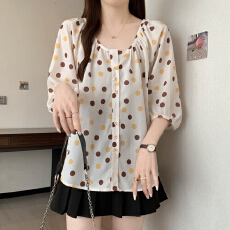 批发实拍夏装新款大码女装韩版v领<b class='q'>灯笼袖</b>a字甜美波点娃娃衫M 4XL200斤