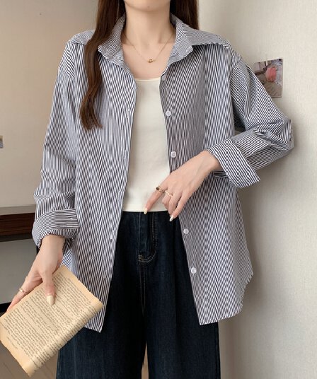 실사 2026 이른 봄 한국 chic 빅 사이즈 핀 스트라이프 면 린넨 캐주얼 셔츠 다용도 제비꼬리 셔츠