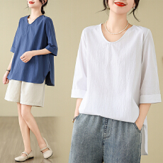 批发实拍夏装小心机V领宽松纯亚麻大码衬衫上衣凉爽七分袖防晒衫