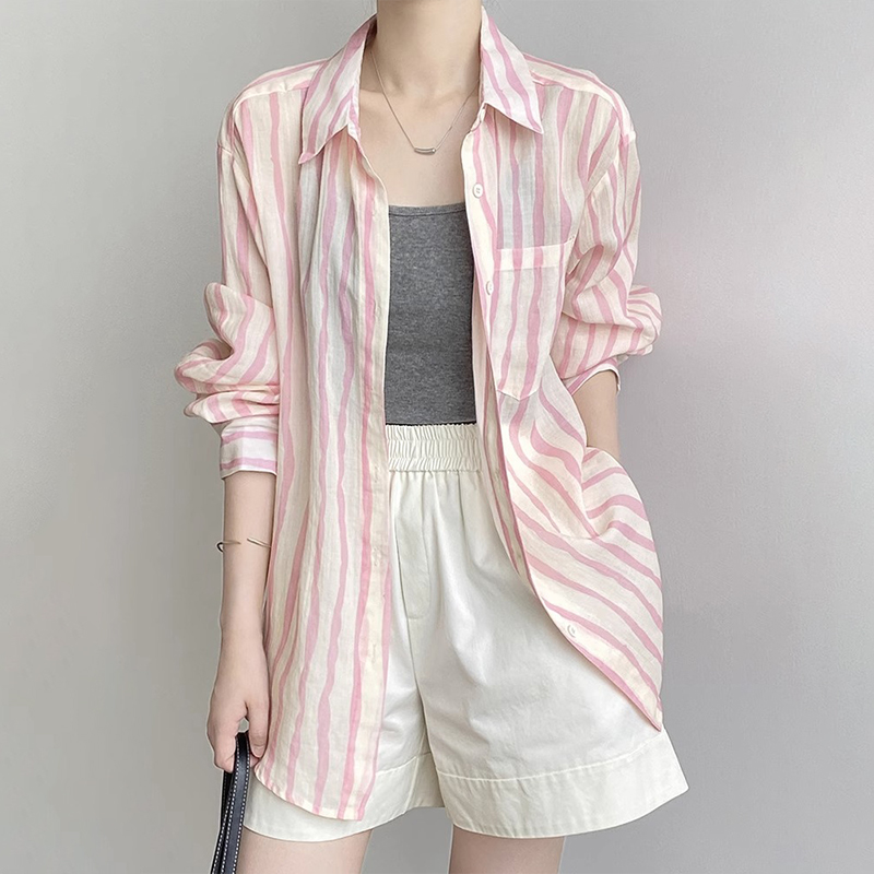 MY16146#新款高级感粉色竖条纹衬衫宽松休闲百搭防晒开衫亚麻上衣女裝貨...
