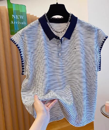 한국 고급 센스 스트라이프 니트 티셔츠 여성용 짧은 소매 새로운 루즈핏 Chic 작은 날다 소매 POLO 칼라 맨위