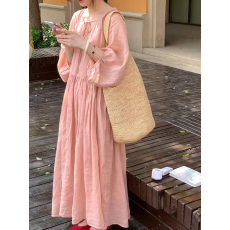 批发2026早春大码女装粉色纯苎麻纯色大码V领系带连衣裙宽松女裙子