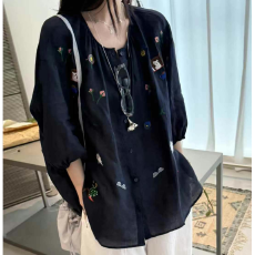 批发夏装新款大码女装法式文艺刺绣亚麻衬衫气质宽松五分袖棉麻上衣