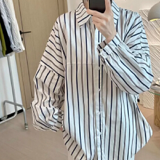 批发2026早春大码女装复古条纹蝙蝠袖纯棉条纹<b class='q'>长袖</b>衬衫女减龄上衣