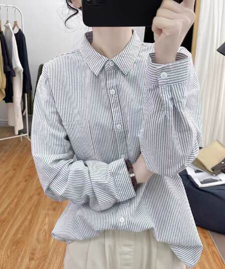 가을 의상 새로운 빅 사이즈 스트라이프 긴팔 셔츠 문예 레트로 출퇴근 다용도 맨위 홍콩 느낌 루즈핏 셔츠 여성