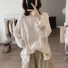 批发早<b class='q'>秋</b>新款大码圆领衬衫宽松大码显瘦简约小众设计感减龄苎麻上衣