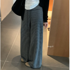 批发UM条纹慵懒宽松休闲裤女秋季新款遛弯直筒裤子显瘦高腰阔腿拖地裤