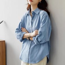 批发2026<b class='q'>秋</b>装纯棉蓝色长袖衬衫女上衣通勤穿搭休闲蓝衬衣