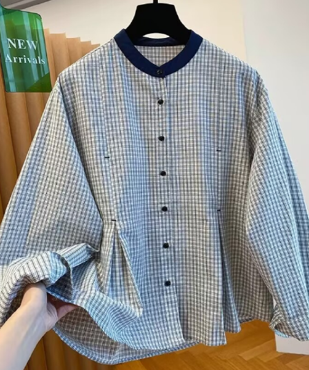 봄 드레스 새로운 한 부서 레트로 체크무늬 긴팔 라운드 넥 셔츠 슈퍼 잘 생긴 품격 고유 한 그레이트 봐 의류