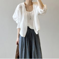 批发夏装新款高级感苎麻开衫外套+条纹直筒慵懒风高腰阔腿裤套装