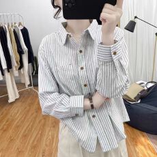 批发早春新款纯棉时尚条纹长袖衬衫设计感宽松洋气上衣休闲外穿衬衣