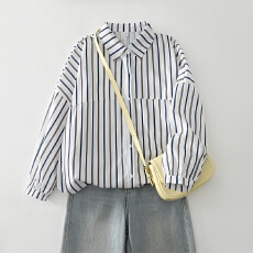 批发实拍早春新款大码复古条纹蝙蝠袖纯棉条纹长袖衬衫女减龄上衣