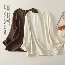 批发实拍春装圆领衬衫宽松大码显瘦简约小众设计感减龄苎麻上衣