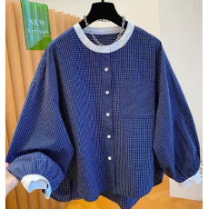 批发2026早<b class='q'>春</b>大码女装韩版设计感撞色减龄格子圆领宽松大码灯笼袖衬衫