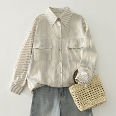 批发实拍春装条纹衬衫轻奢高级感港风复古宽松气质上衣休闲长袖衬衣