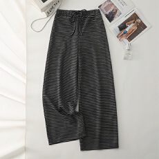 批发实拍UM条纹慵懒宽松休闲裤女新款遛弯直筒裤子显瘦高腰阔腿拖地裤